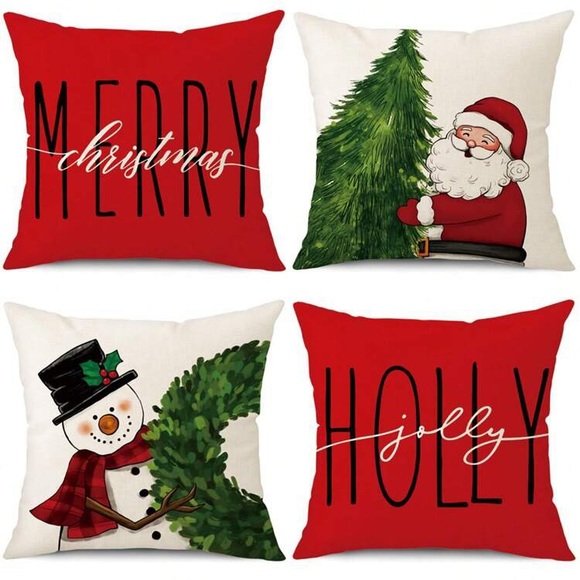 NWT- Set of 4- Holiday Snowman & Santa & Red Christmas Linen Pillow Covers 18x18 - Picture 1 of 9